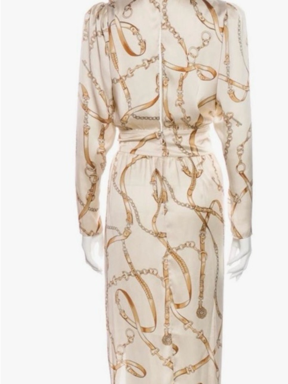 Long Sleeve Chain Print Satin Dress - Cream/Gold - Picture 8 of 9